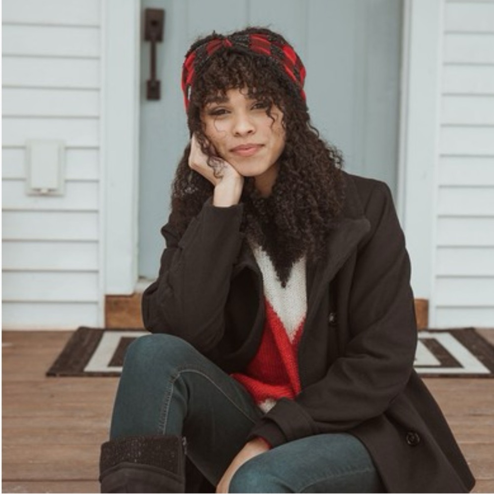 MUK LUKS Buffalo Plaid Reversible Headband in Dark Red/Black with Faux Fur - Picture 2 of 16